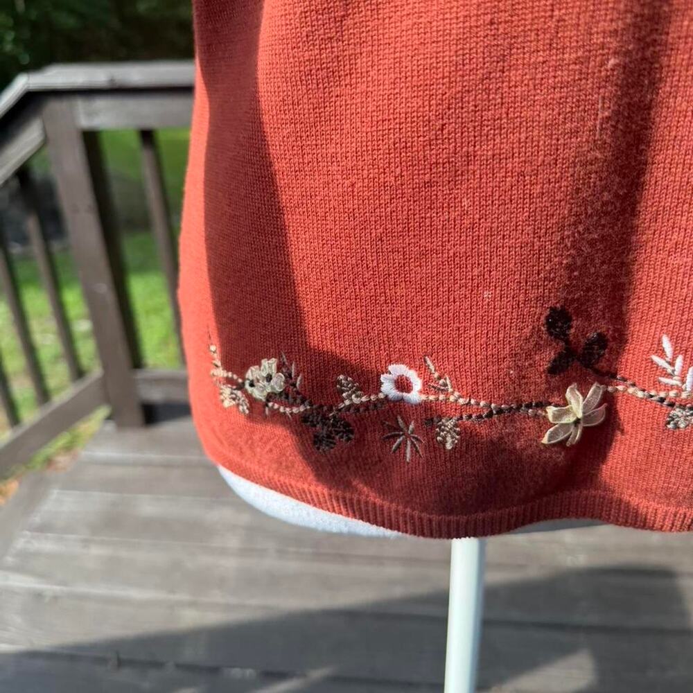 Teddi Rust Embroidered Knit Polo Sweater Cottagecore Autumn Floral Fall - Picture 2 of 8